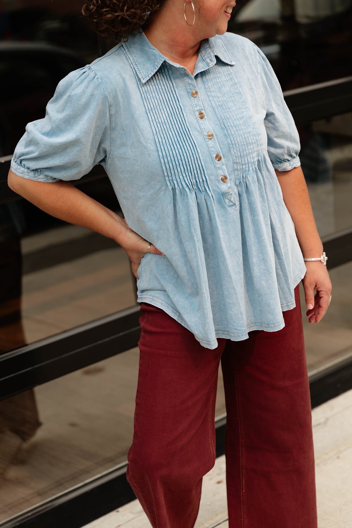 Pleated Front Chambray