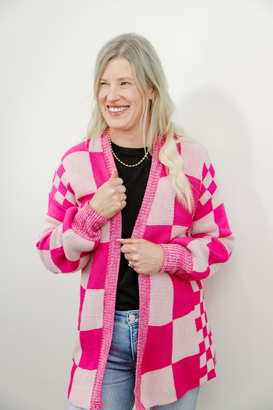 Pink Checkered Cardigan
